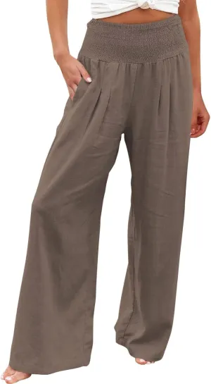2024 Summer Casual Pants Women Elastic High Waisted Palazzo Trousers Linen Cotton Breathable Solid Straight Wide Leg Pants