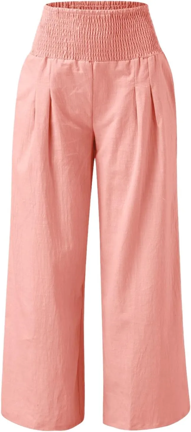 2024 Summer Casual Pants Women Elastic High Waisted Palazzo Trousers Linen Cotton Breathable Solid Straight Wide Leg Pants