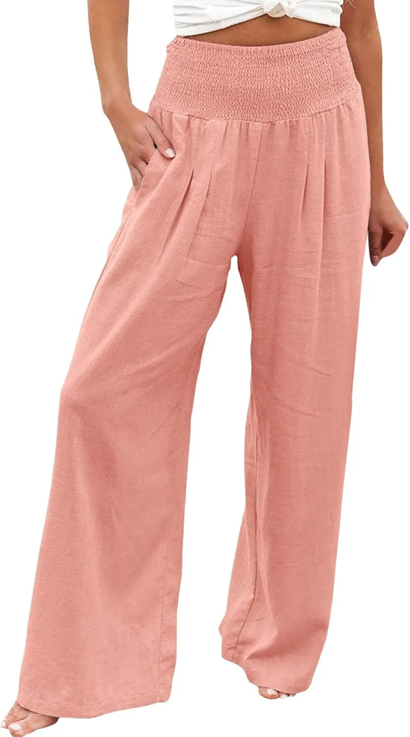 2024 Summer Casual Pants Women Elastic High Waisted Palazzo Trousers Linen Cotton Breathable Solid Straight Wide Leg Pants