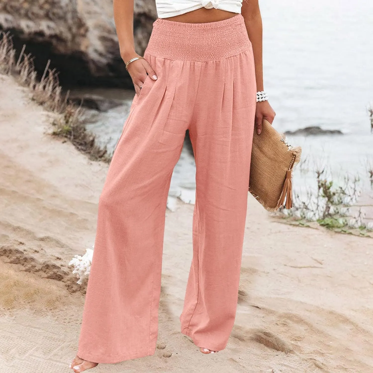 2024 Summer Casual Pants Women Elastic High Waisted Palazzo Trousers Linen Cotton Breathable Solid Straight Wide Leg Pants