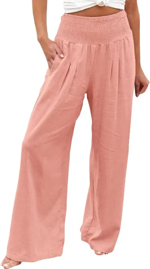 2024 Summer Casual Pants Women Elastic High Waisted Palazzo Trousers Linen Cotton Breathable Solid Straight Wide Leg Pants