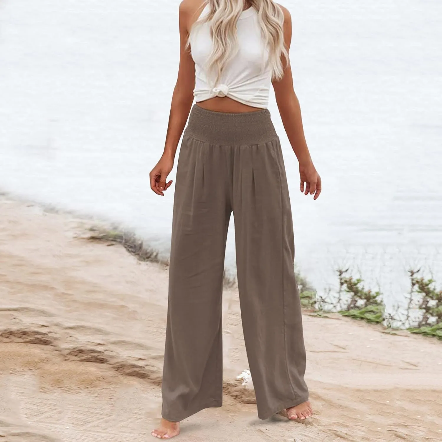 2024 Summer Casual Pants Women Elastic High Waisted Palazzo Trousers Linen Cotton Breathable Solid Straight Wide Leg Pants