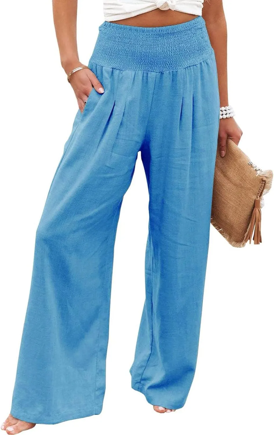 2024 Summer Casual Pants Women Elastic High Waisted Palazzo Trousers Linen Cotton Breathable Solid Straight Wide Leg Pants
