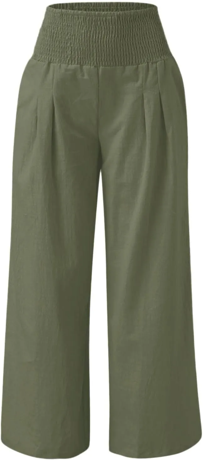 2024 Summer Casual Pants Women Elastic High Waisted Palazzo Trousers Linen Cotton Breathable Solid Straight Wide Leg Pants