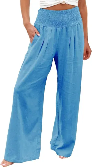 2024 Summer Casual Pants Women Elastic High Waisted Palazzo Trousers Linen Cotton Breathable Solid Straight Wide Leg Pants