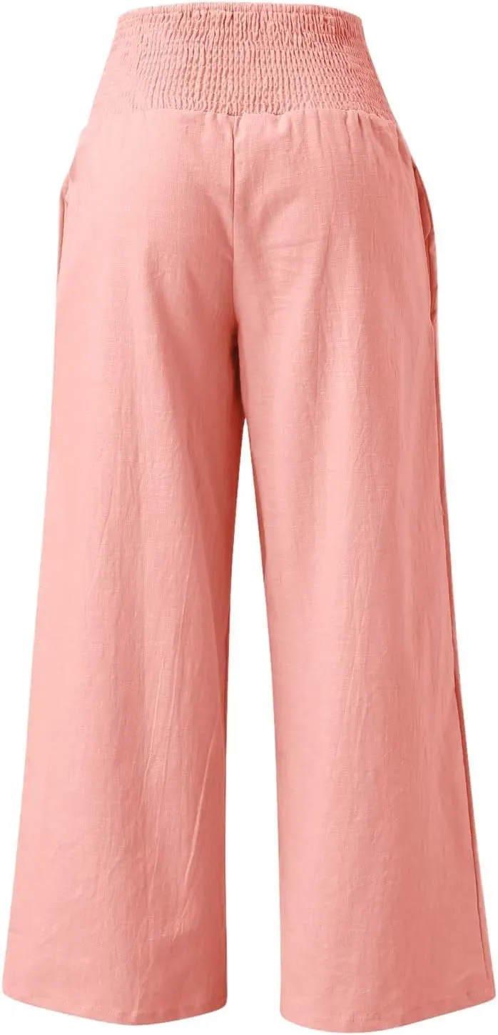 2024 Summer Casual Pants Women Elastic High Waisted Palazzo Trousers Linen Cotton Breathable Solid Straight Wide Leg Pants