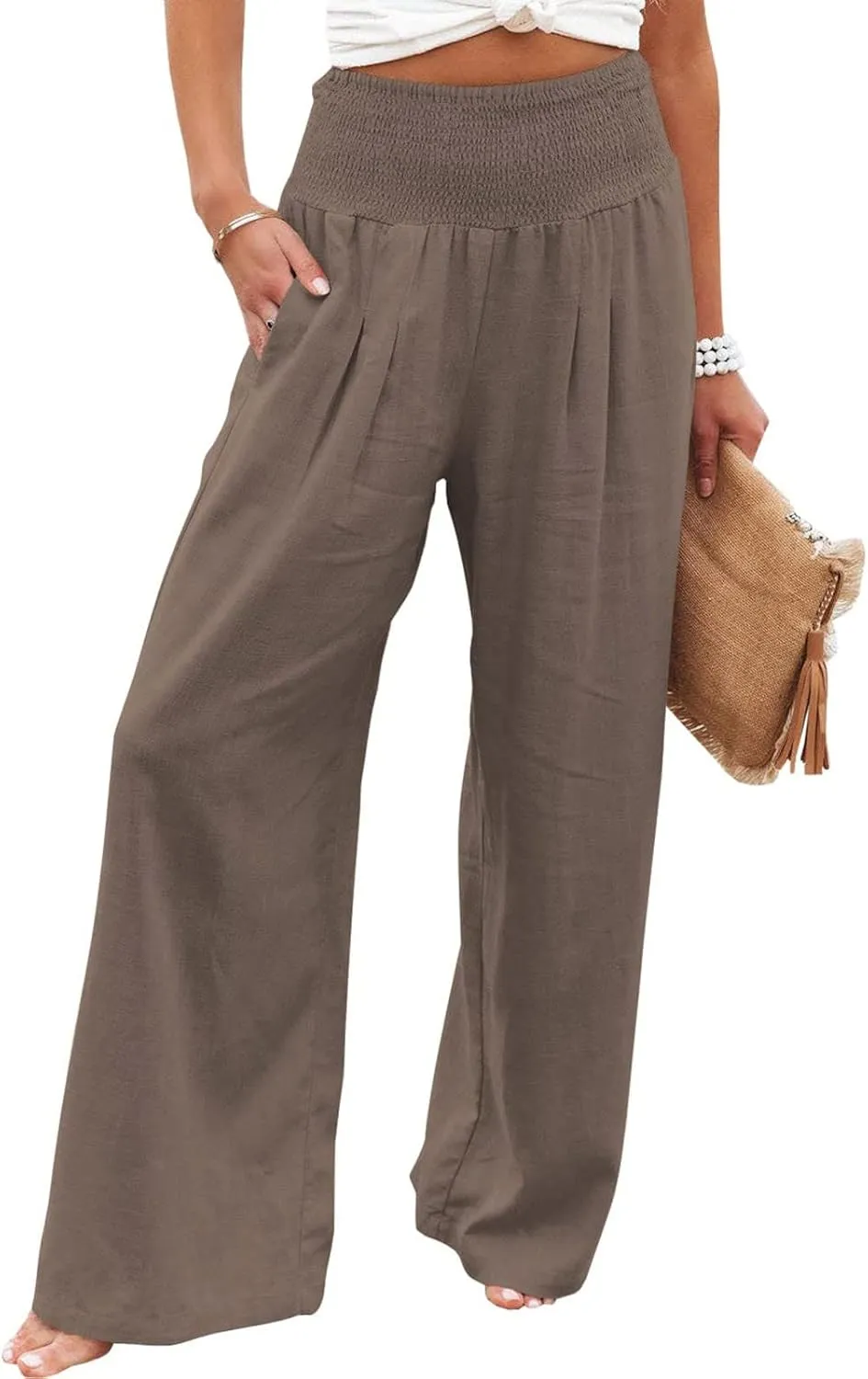 2024 Summer Casual Pants Women Elastic High Waisted Palazzo Trousers Linen Cotton Breathable Solid Straight Wide Leg Pants