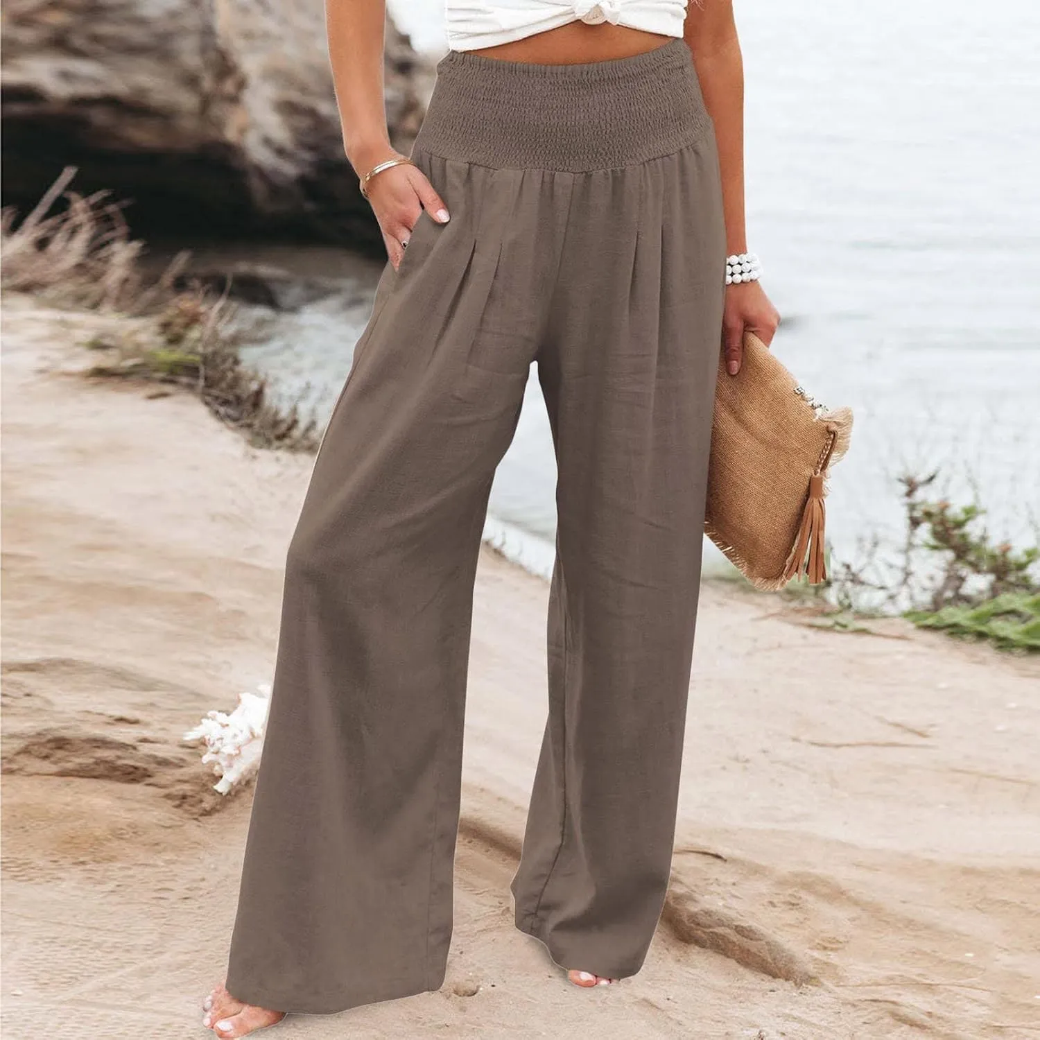 2024 Summer Casual Pants Women Elastic High Waisted Palazzo Trousers Linen Cotton Breathable Solid Straight Wide Leg Pants