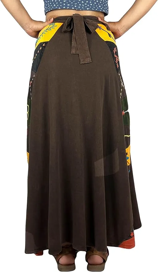 406 Skt Rib Knit Cotton Stripe Patched Bohemian Adjustable Wrapper Skirt Maxi
