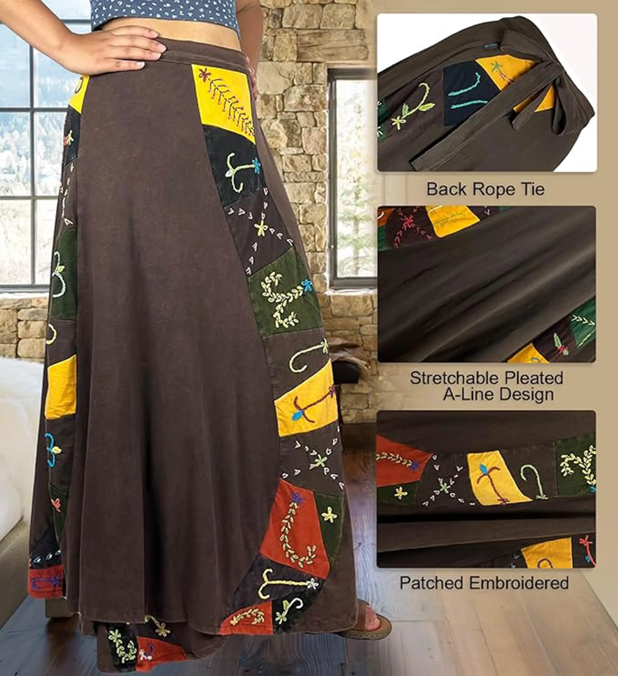 406 Skt Rib Knit Cotton Stripe Patched Bohemian Adjustable Wrapper Skirt Maxi