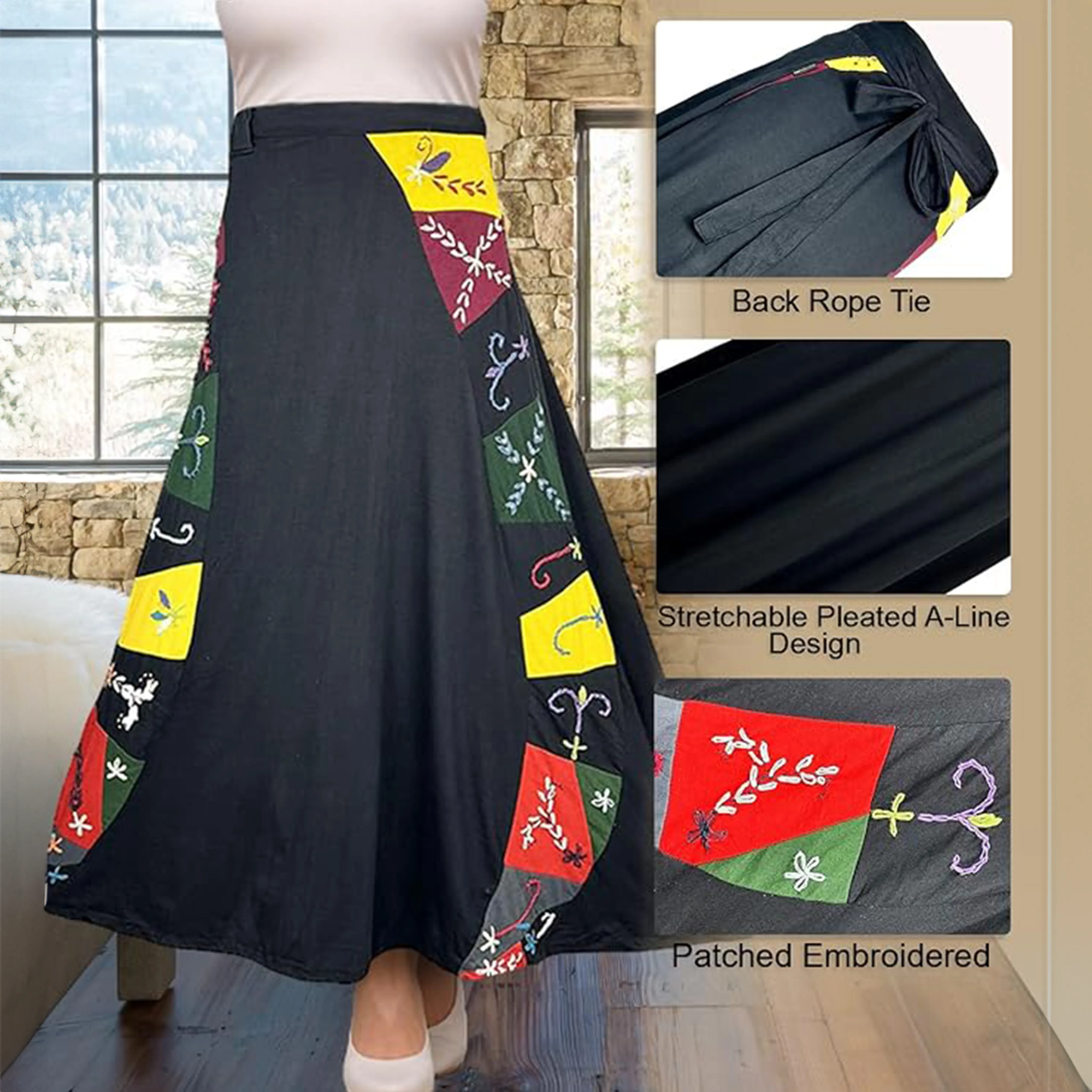 406 Skt Rib Knit Cotton Stripe Patched Bohemian Adjustable Wrapper Skirt Maxi