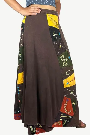 406 Skt Rib Knit Cotton Stripe Patched Bohemian Adjustable Wrapper Skirt Maxi
