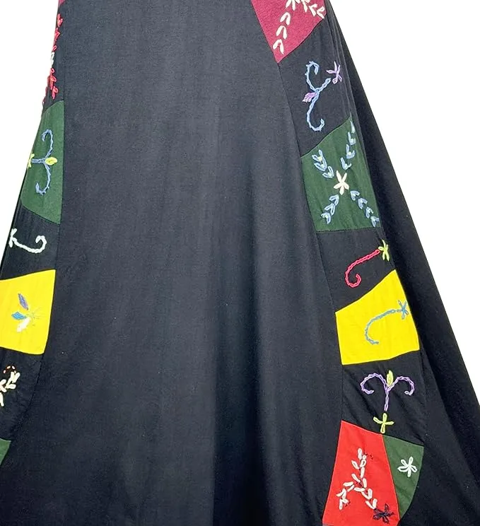 406 Skt Rib Knit Cotton Stripe Patched Bohemian Adjustable Wrapper Skirt Maxi