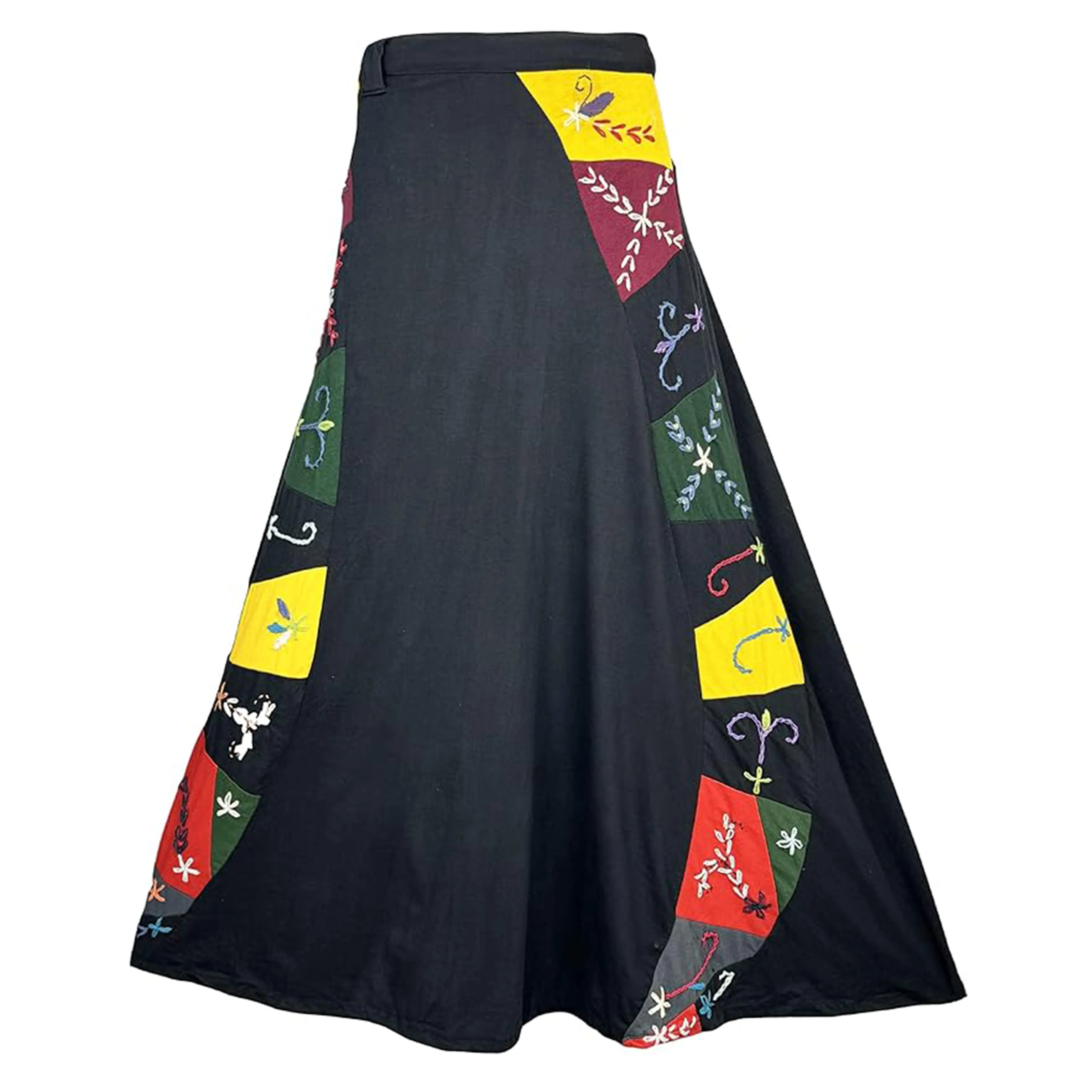 406 Skt Rib Knit Cotton Stripe Patched Bohemian Adjustable Wrapper Skirt Maxi