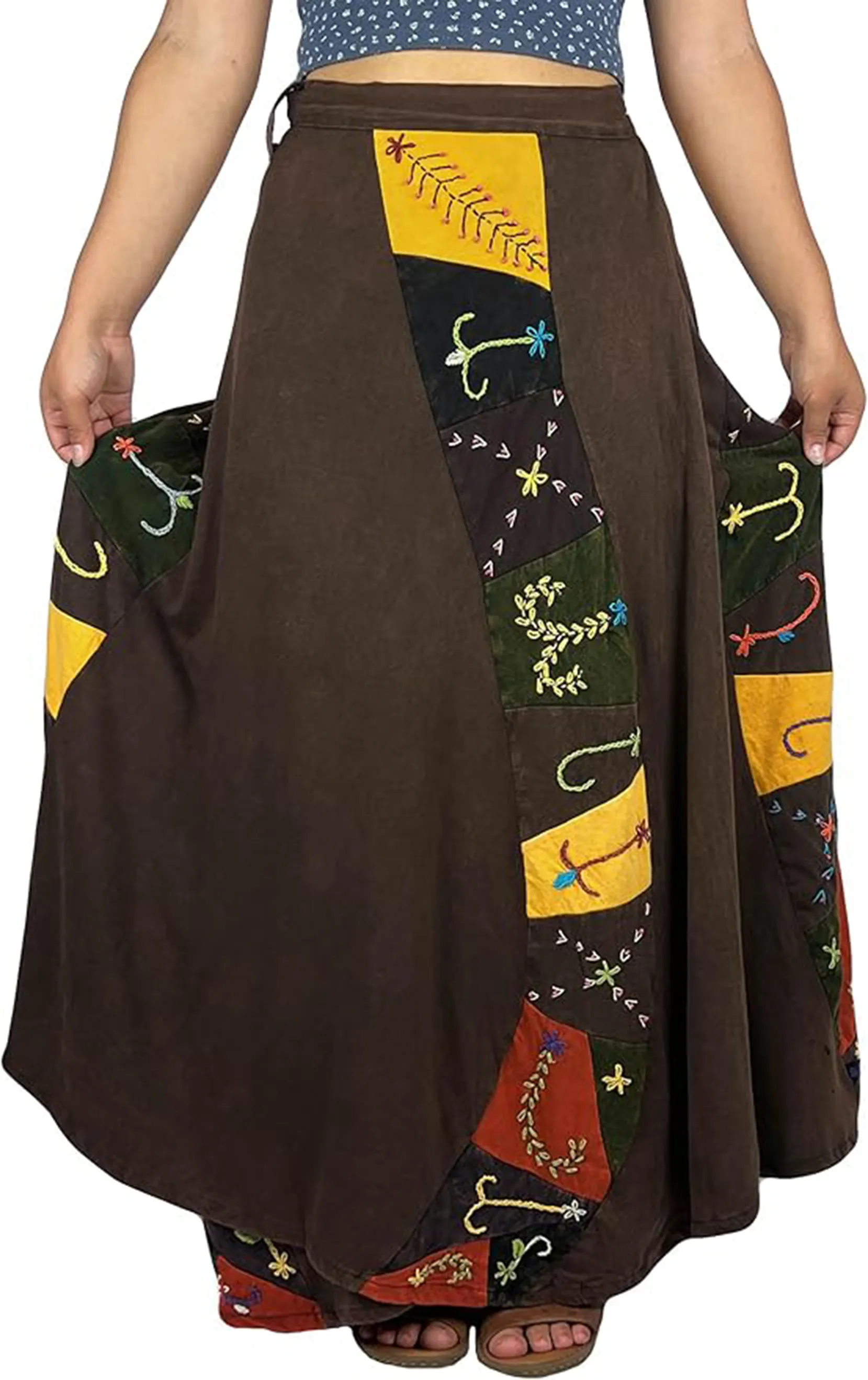 406 Skt Rib Knit Cotton Stripe Patched Bohemian Adjustable Wrapper Skirt Maxi