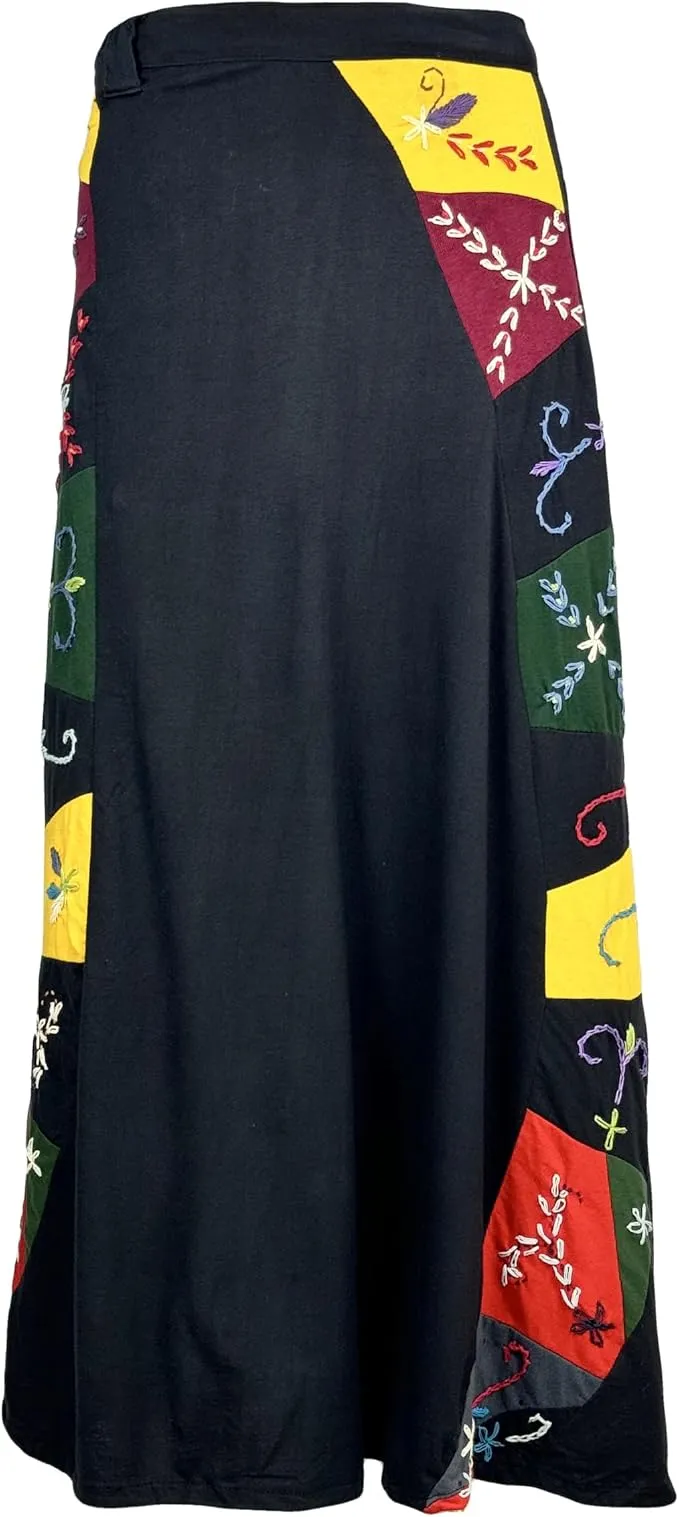 406 Skt Rib Knit Cotton Stripe Patched Bohemian Adjustable Wrapper Skirt Maxi