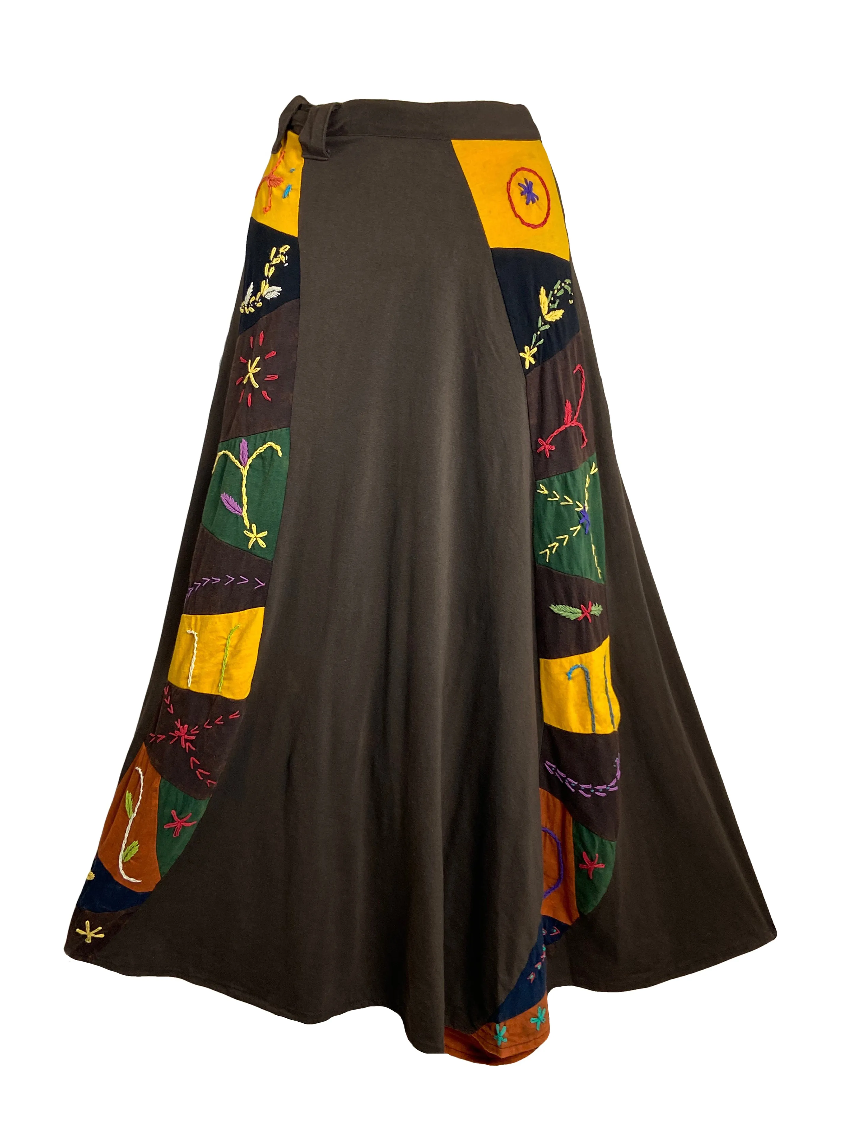 406 Skt Rib Knit Cotton Stripe Patched Bohemian Adjustable Wrapper Skirt Maxi