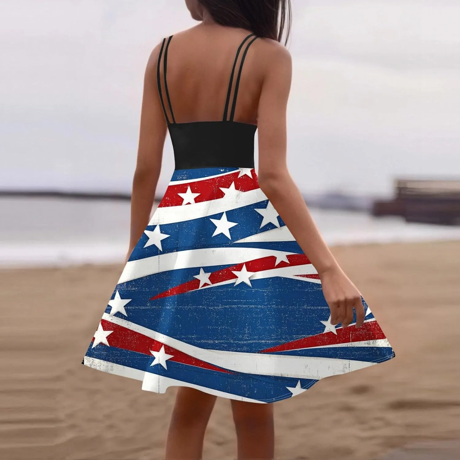 4Th of July Dress for Women Midi Red White and Blue Dresses Spaghetti Strap USA Flag Dress Holiday Festival Dresses