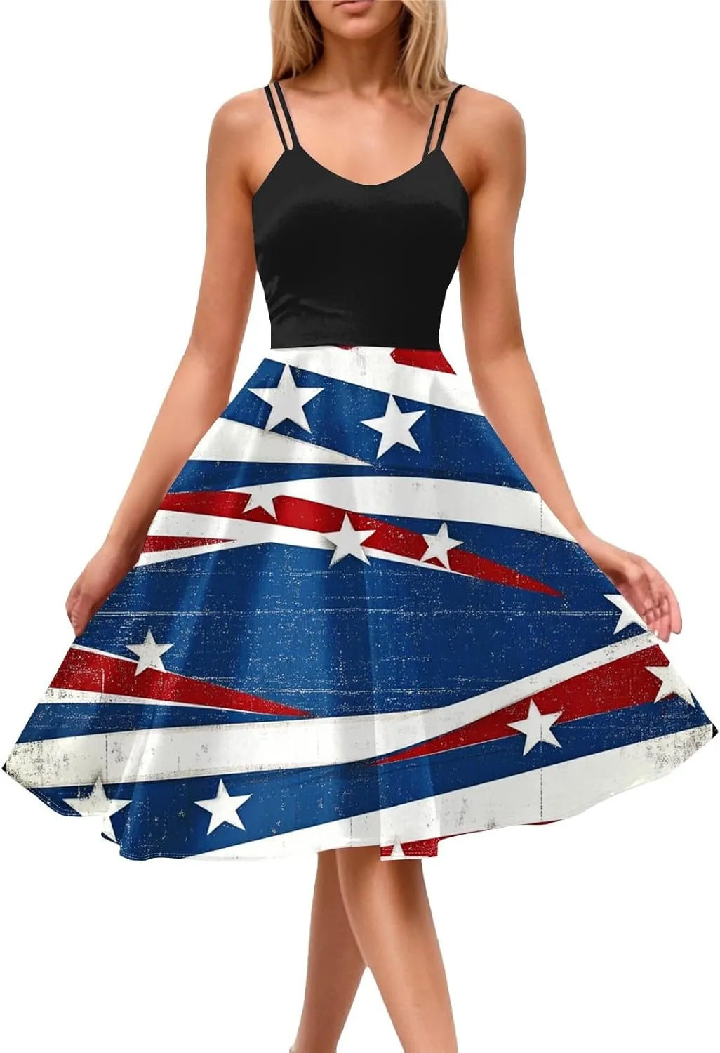 4Th of July Dress for Women Midi Red White and Blue Dresses Spaghetti Strap USA Flag Dress Holiday Festival Dresses