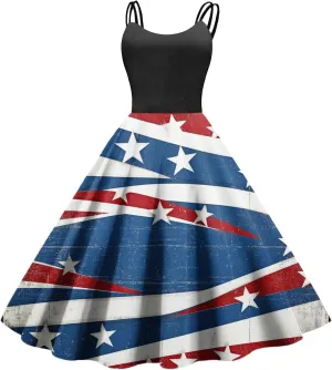 4Th of July Dress for Women Midi Red White and Blue Dresses Spaghetti Strap USA Flag Dress Holiday Festival Dresses