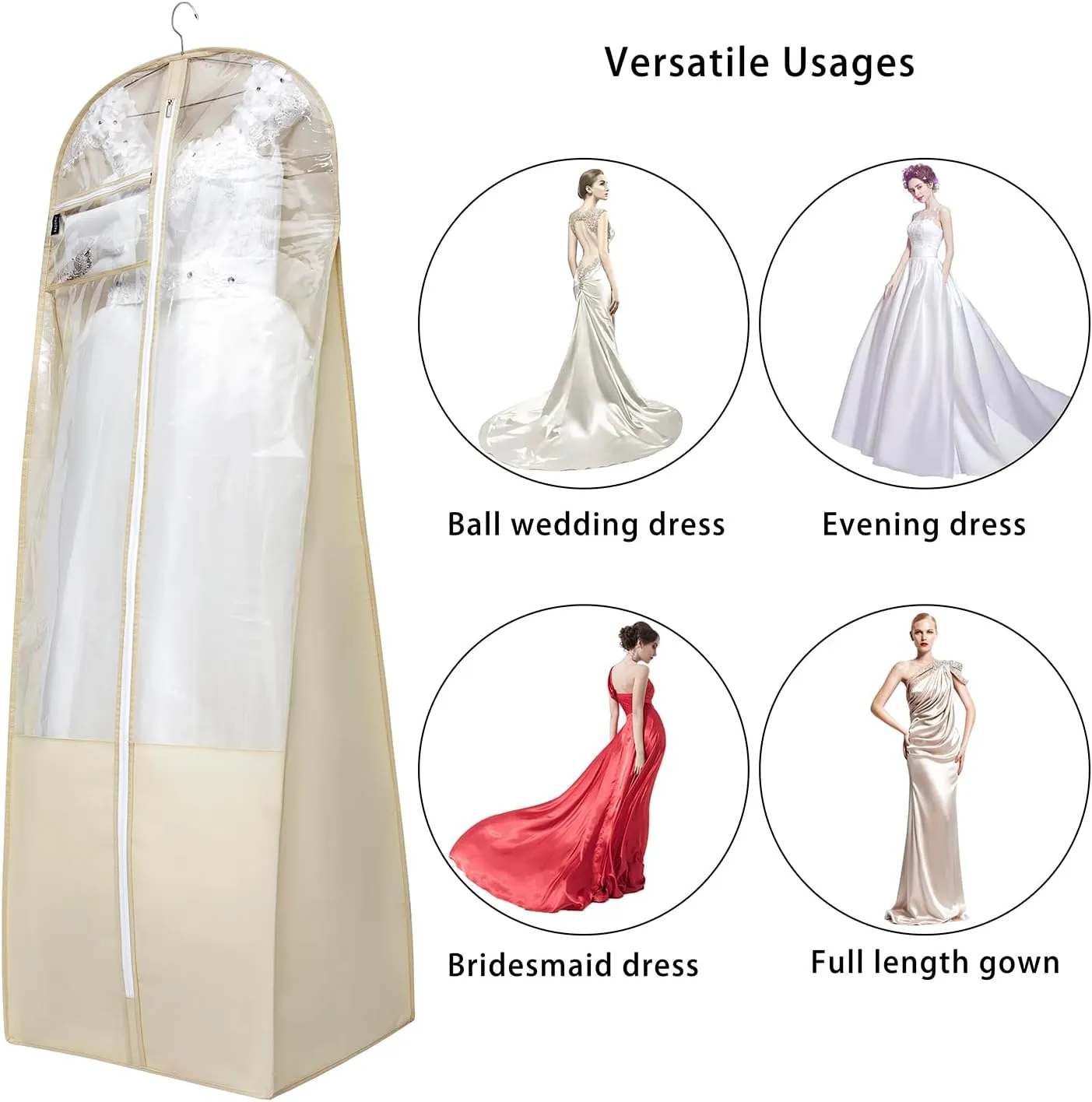 70" Bridal Wedding Dress Bag for Long Gowns Travel Garment Bag for Prom Evening Dress Petticoat With 15.7" Gusset (BEIGE)