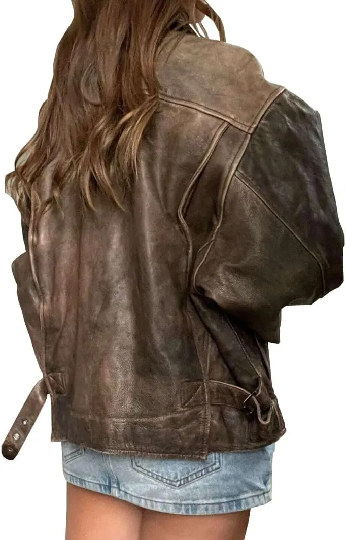 80s Oversize A2 Military Vintage Style Distressed Brown Lambskin Real Leather Jacket