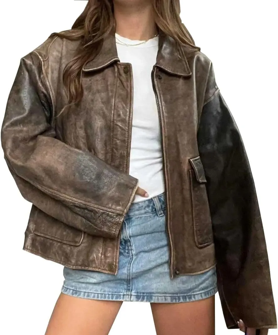 80s Oversize A2 Military Vintage Style Distressed Brown Lambskin Real Leather Jacket