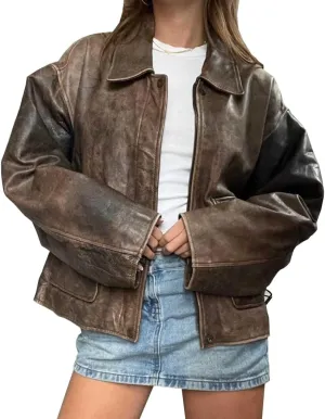 80s Oversize A2 Military Vintage Style Distressed Brown Lambskin Real Leather Jacket