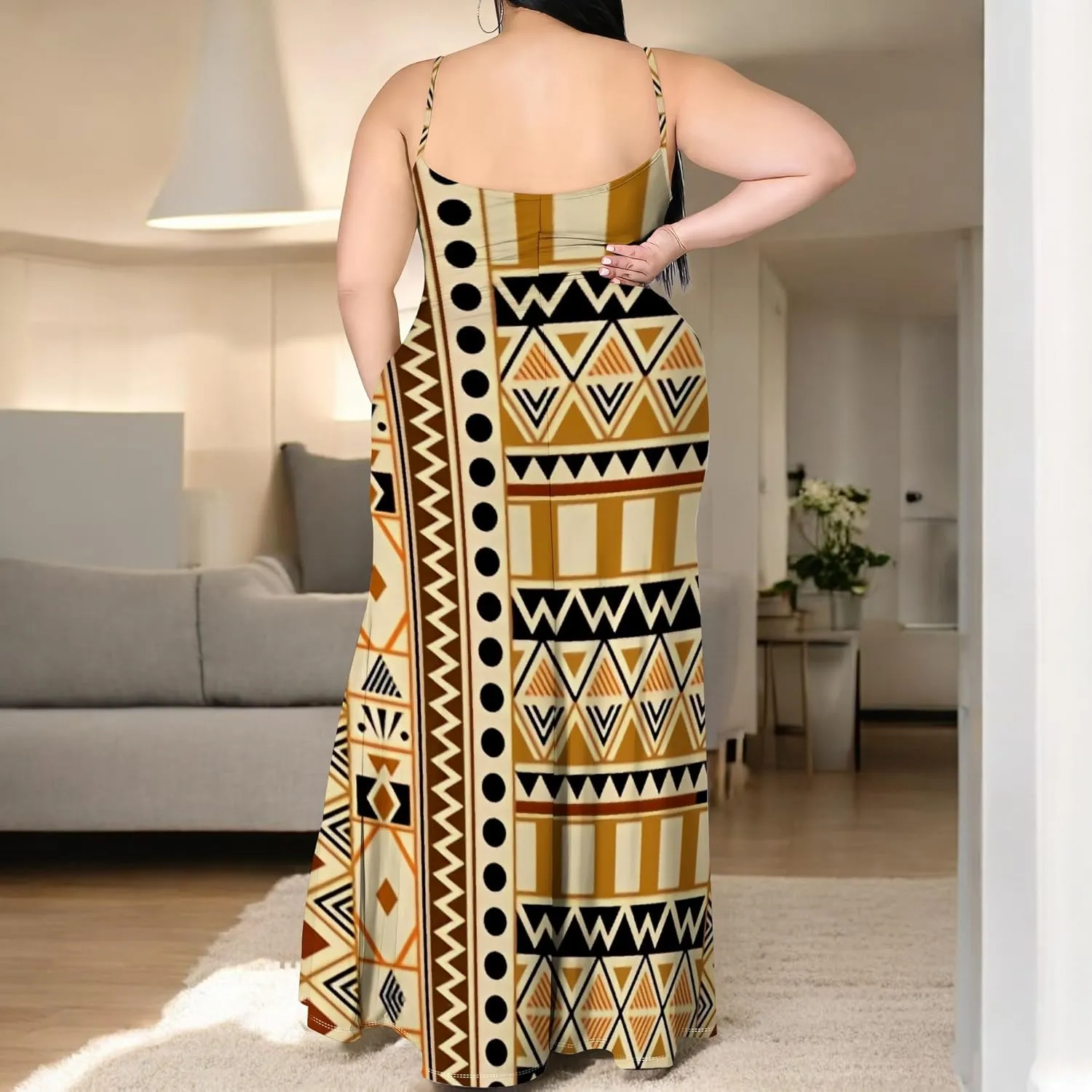 African Print Plus Size Womens Maxi Dress Summer Casual Sleeveless Beach Sundress Sexy Spaghetti Strap Side Split Long Dress