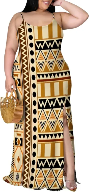 African Print Plus Size Womens Maxi Dress Summer Casual Sleeveless Beach Sundress Sexy Spaghetti Strap Side Split Long Dress