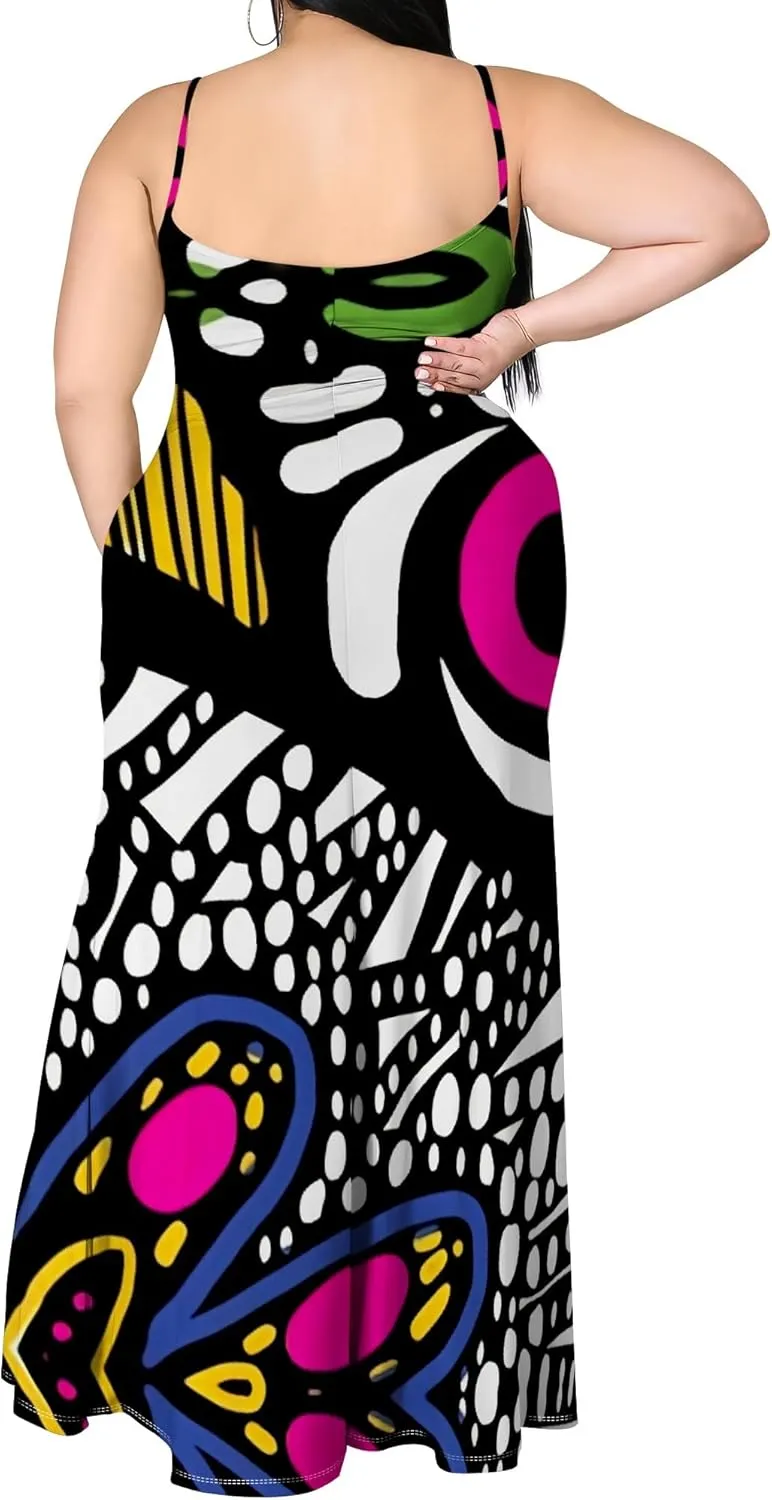 African Print Plus Size Womens Maxi Dress Summer Casual Sleeveless Beach Sundress Sexy Spaghetti Strap Side Split Long Dress