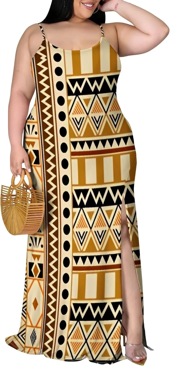 African Print Plus Size Womens Maxi Dress Summer Casual Sleeveless Beach Sundress Sexy Spaghetti Strap Side Split Long Dress