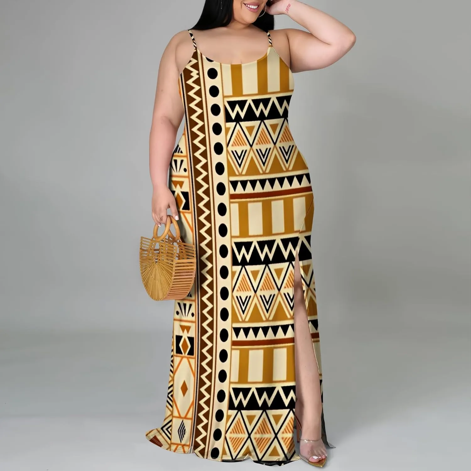 African Print Plus Size Womens Maxi Dress Summer Casual Sleeveless Beach Sundress Sexy Spaghetti Strap Side Split Long Dress