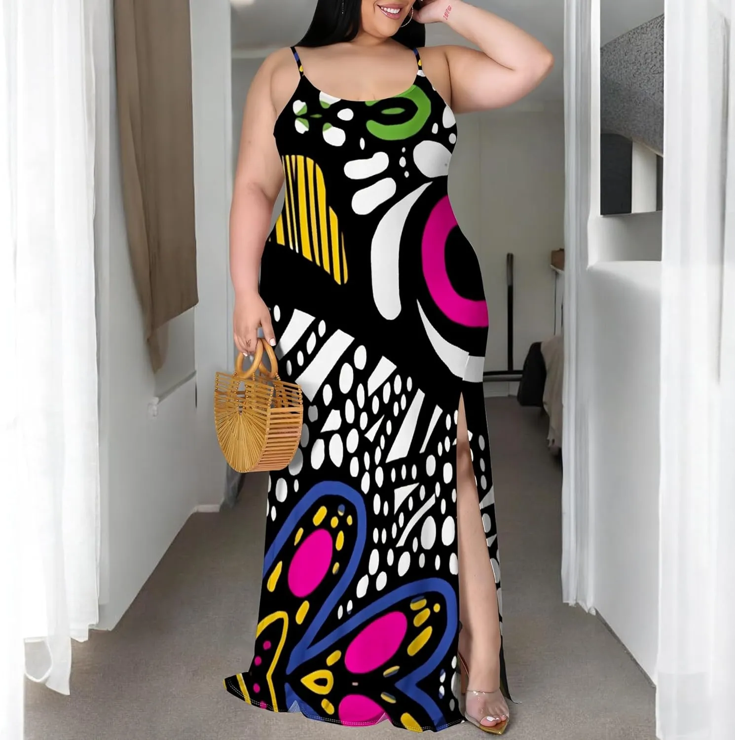 African Print Plus Size Womens Maxi Dress Summer Casual Sleeveless Beach Sundress Sexy Spaghetti Strap Side Split Long Dress