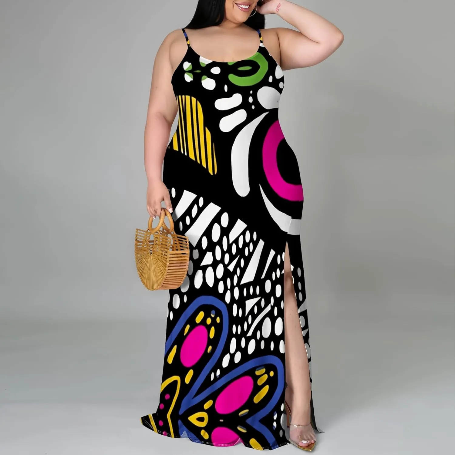 African Print Plus Size Womens Maxi Dress Summer Casual Sleeveless Beach Sundress Sexy Spaghetti Strap Side Split Long Dress
