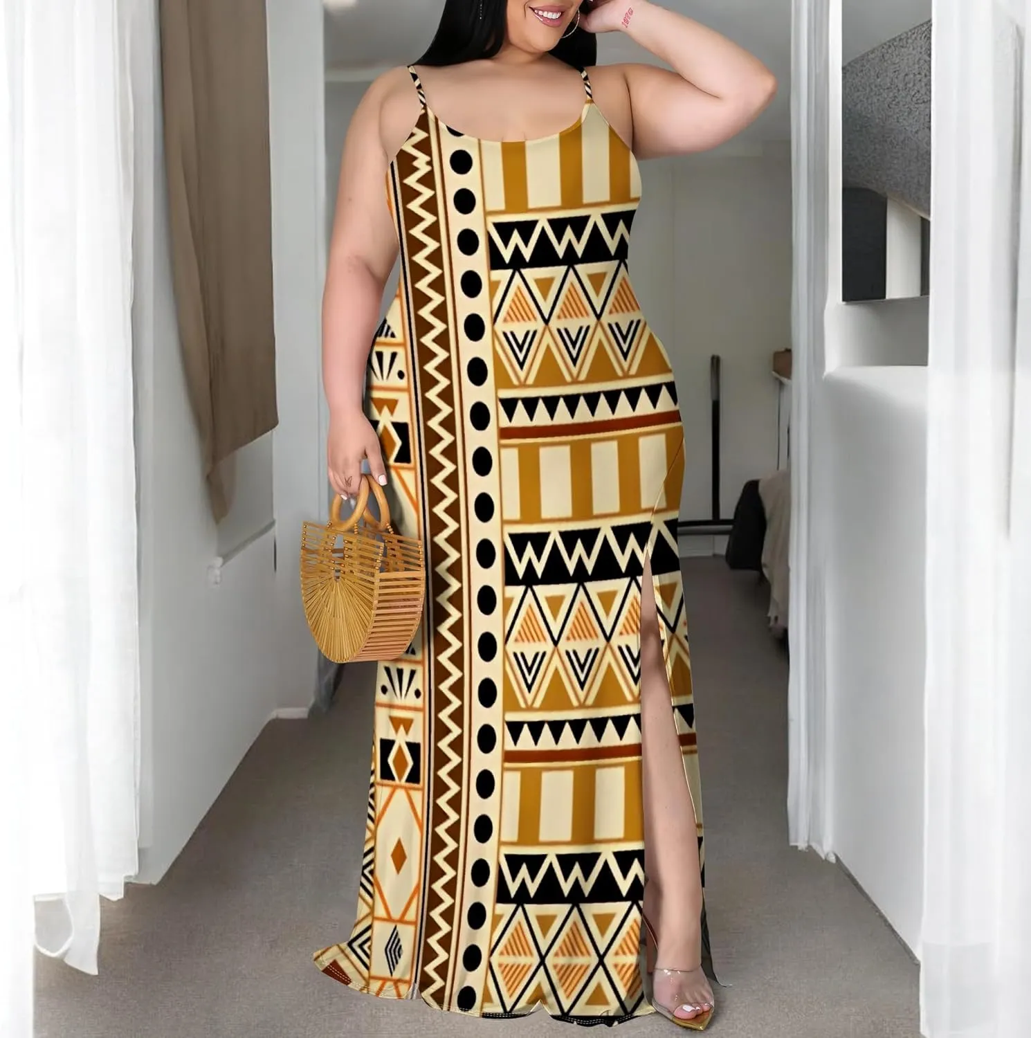 African Print Plus Size Womens Maxi Dress Summer Casual Sleeveless Beach Sundress Sexy Spaghetti Strap Side Split Long Dress