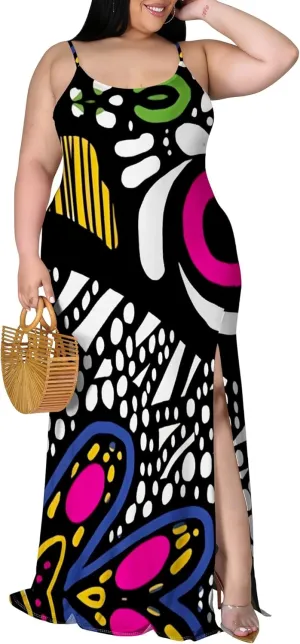African Print Plus Size Womens Maxi Dress Summer Casual Sleeveless Beach Sundress Sexy Spaghetti Strap Side Split Long Dress