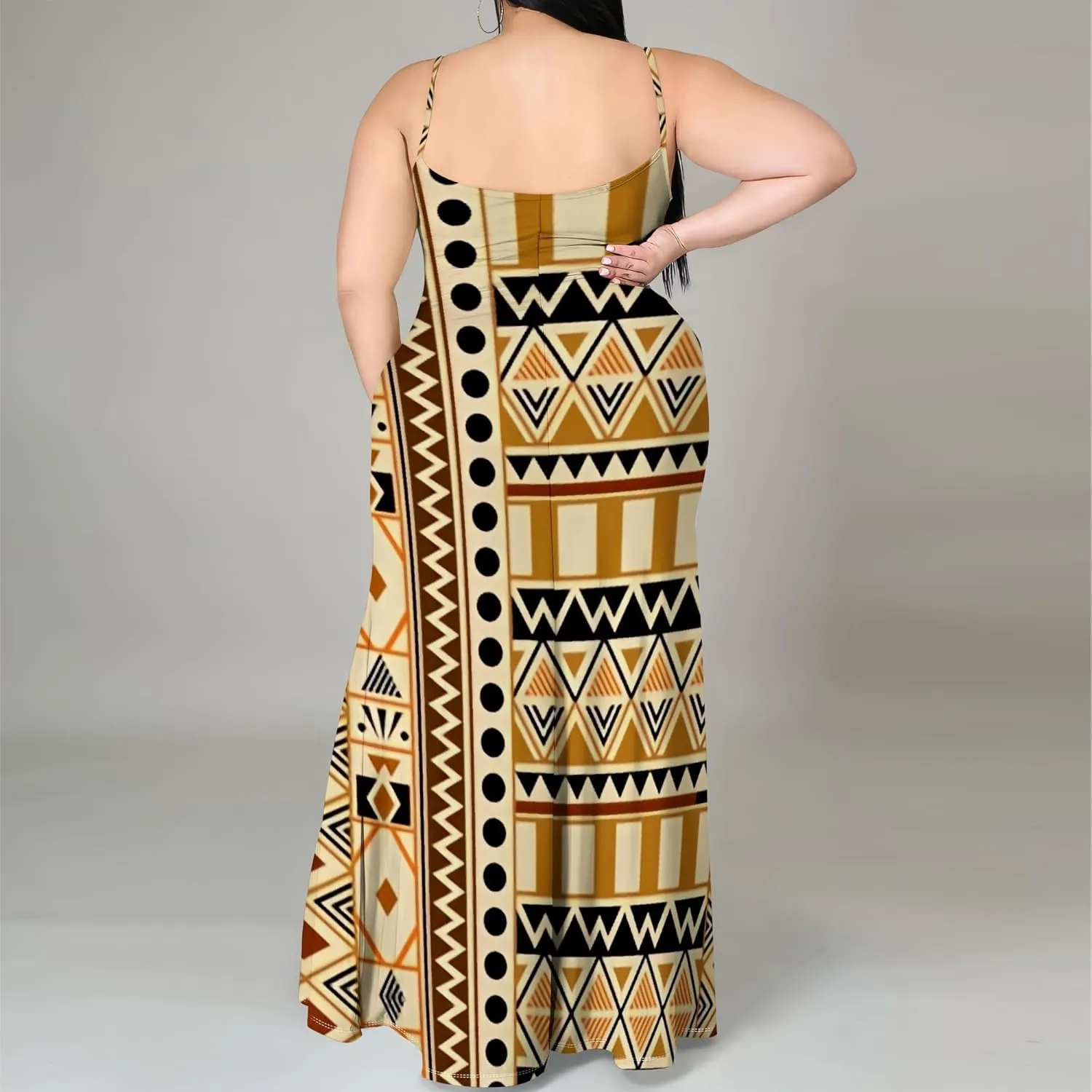 African Print Plus Size Womens Maxi Dress Summer Casual Sleeveless Beach Sundress Sexy Spaghetti Strap Side Split Long Dress