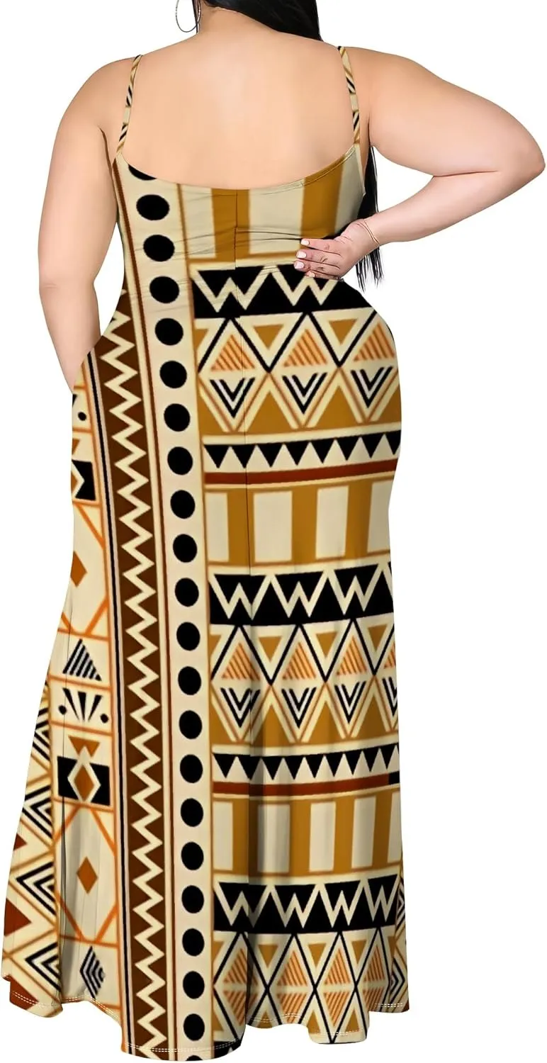 African Print Plus Size Womens Maxi Dress Summer Casual Sleeveless Beach Sundress Sexy Spaghetti Strap Side Split Long Dress