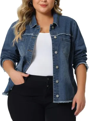 Agnes Orinda Plus Size Denim Jacket for Women Frayed Hem Classic Washed 2024 Denim Jean Jackets