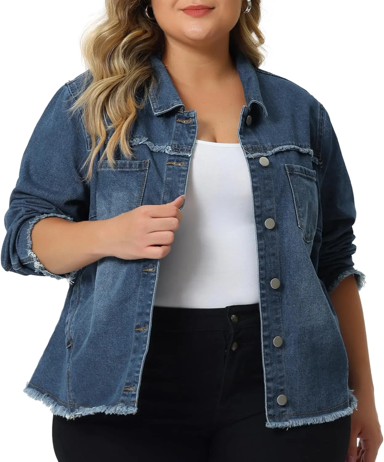 Agnes Orinda Plus Size Denim Jacket for Women Frayed Hem Classic Washed 2024 Denim Jean Jackets