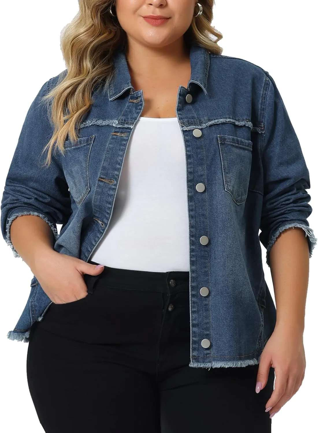 Agnes Orinda Plus Size Denim Jacket for Women Frayed Hem Classic Washed 2024 Denim Jean Jackets