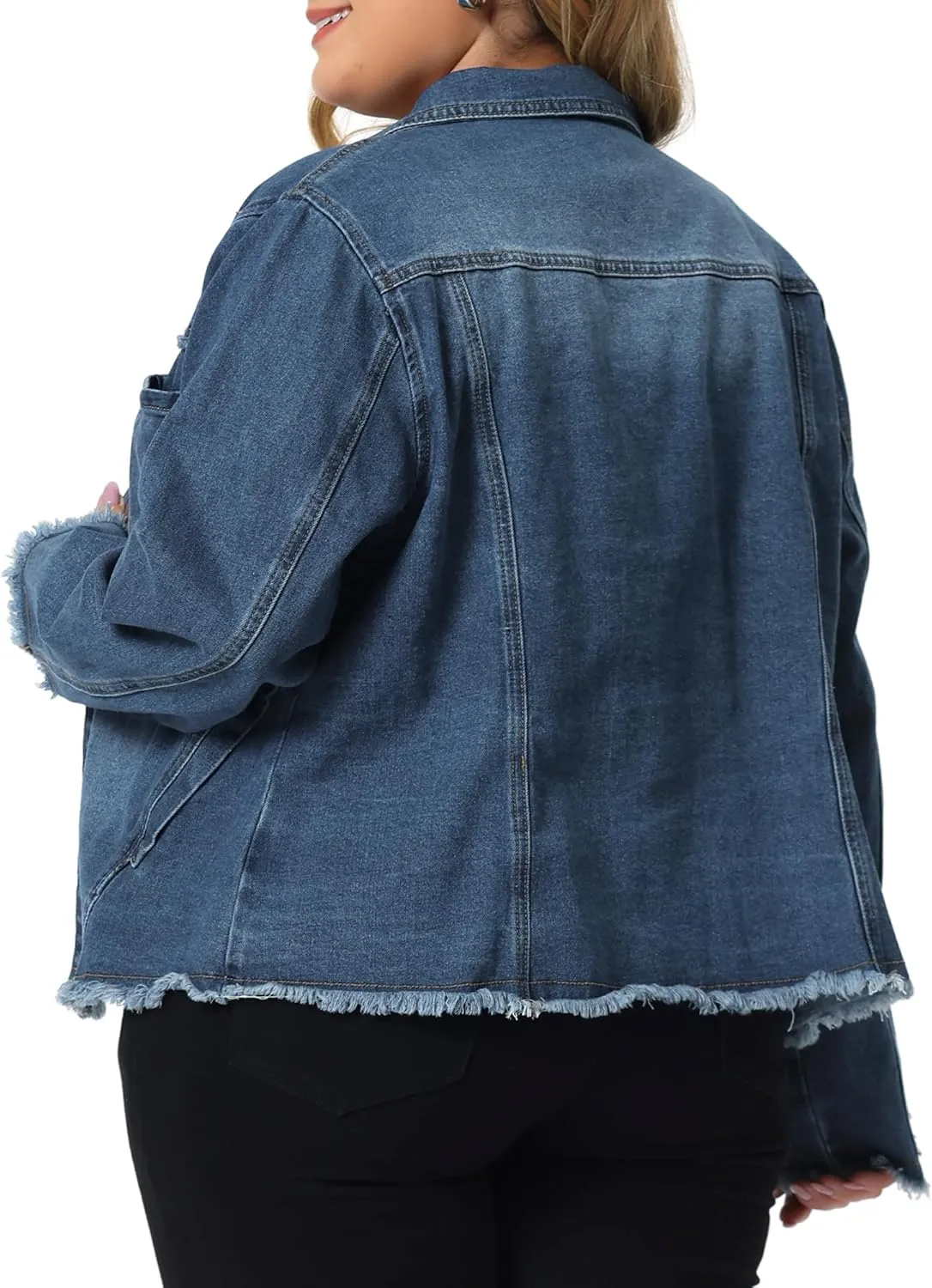Agnes Orinda Plus Size Denim Jacket for Women Frayed Hem Classic Washed 2024 Denim Jean Jackets