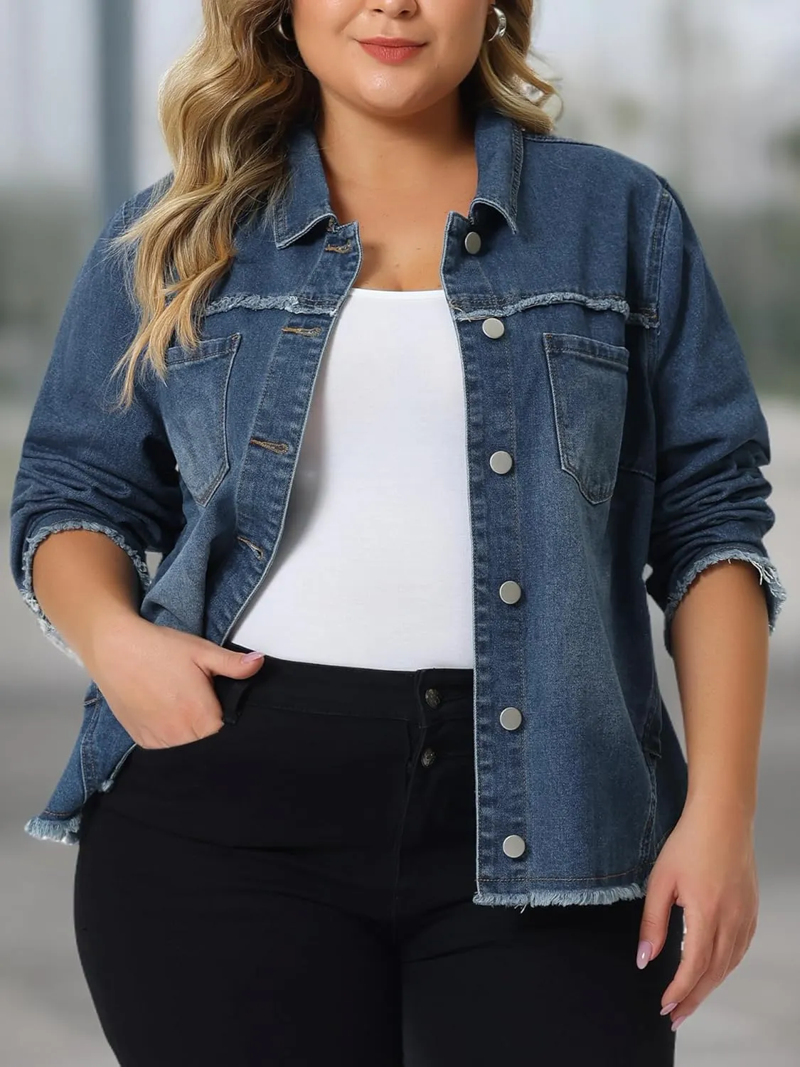 Agnes Orinda Plus Size Denim Jacket for Women Frayed Hem Classic Washed 2024 Denim Jean Jackets