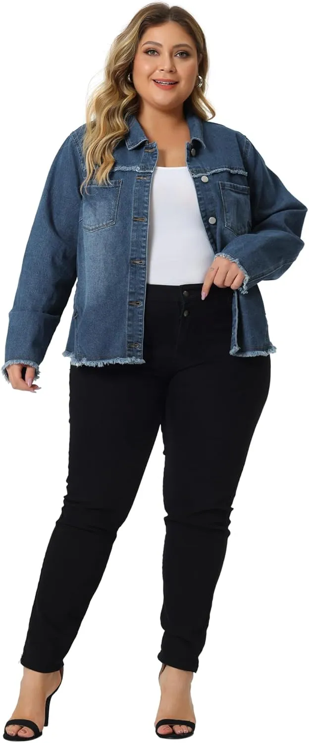 Agnes Orinda Plus Size Denim Jacket for Women Frayed Hem Classic Washed 2024 Denim Jean Jackets