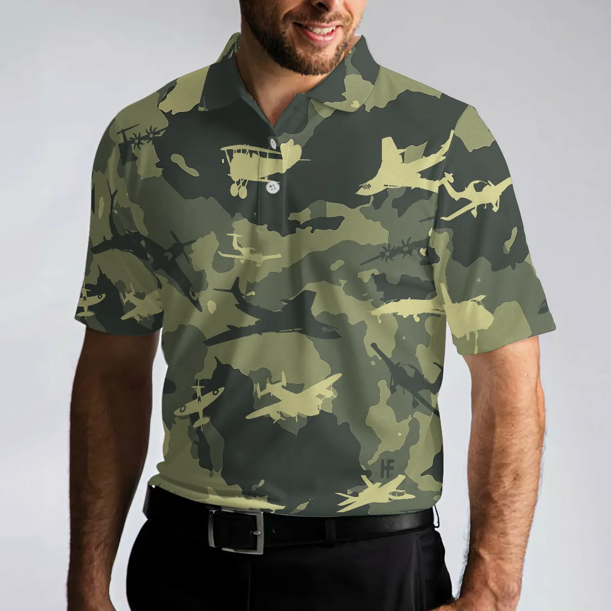 Aircraft Green Camouflage Short Sleeve Polo Shirt, Army Polo Shirt, Best Camo Shirt For Men