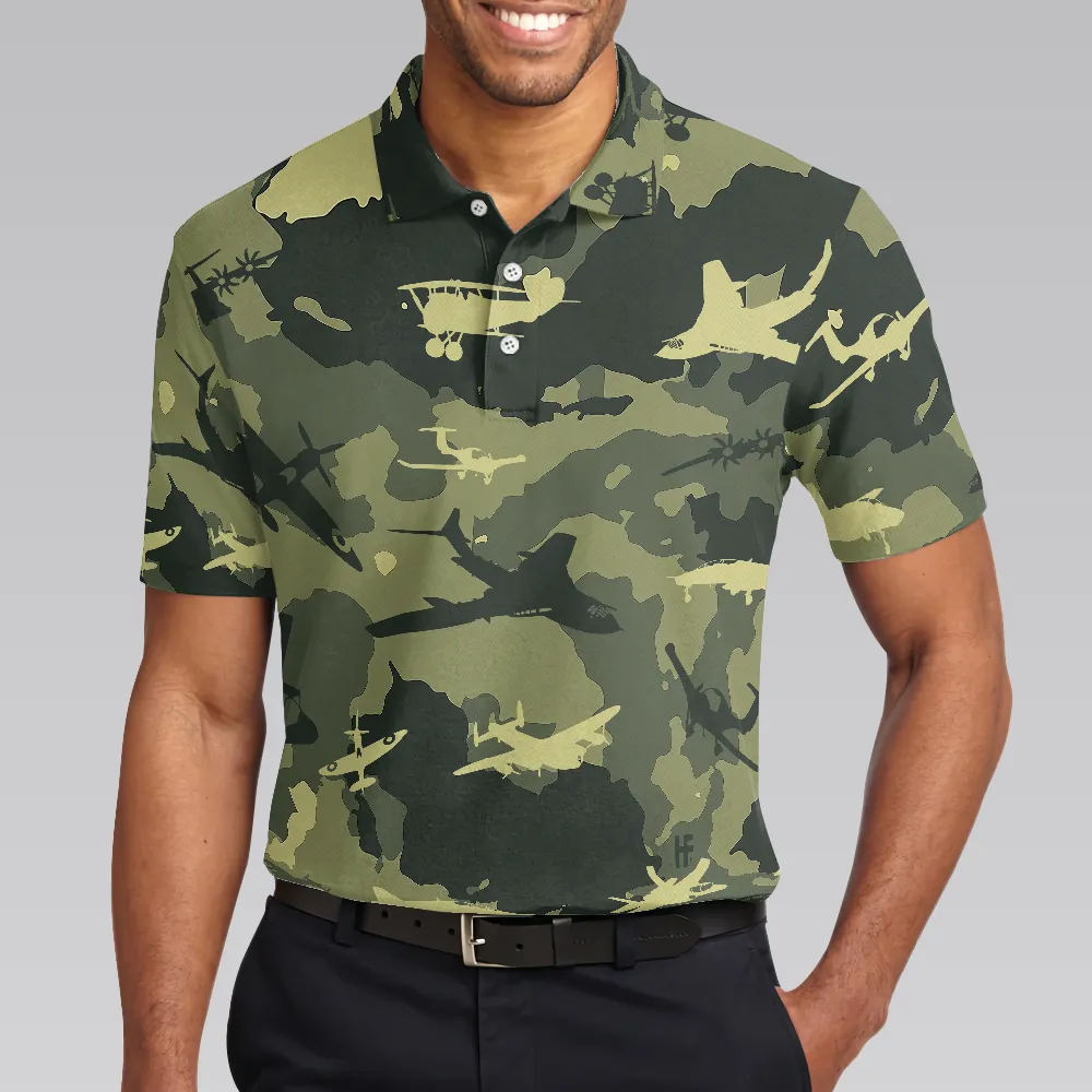 Aircraft Green Camouflage Short Sleeve Polo Shirt, Army Polo Shirt, Best Camo Shirt For Men