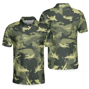 Aircraft Green Camouflage Short Sleeve Polo Shirt, Army Polo Shirt, Best Camo Shirt For Men