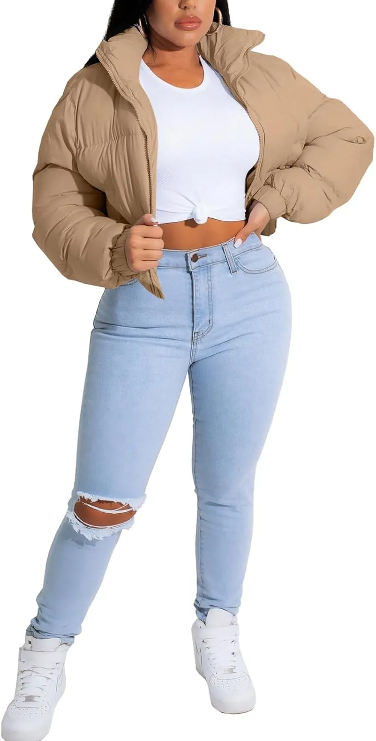 Alunzoem Puffer Jacket Womens Casual Long Sleeve Zip Up Winter Short Down Coat