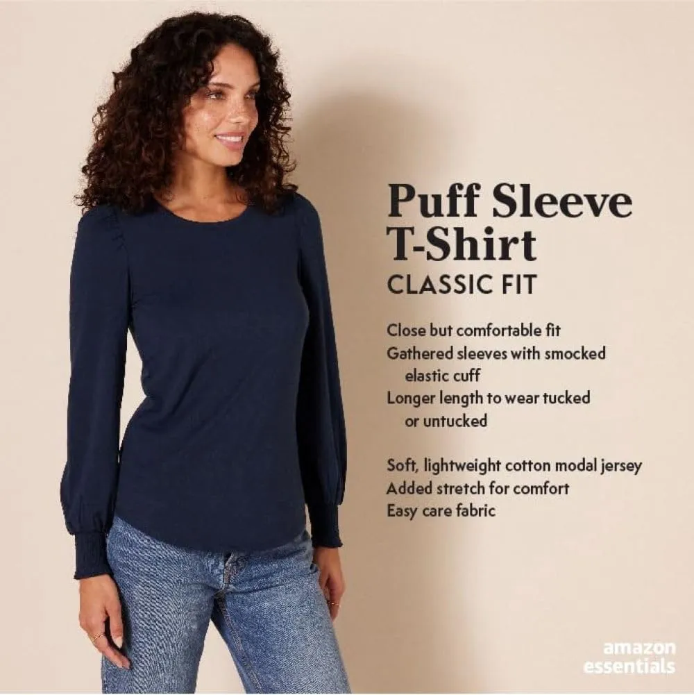 Amazon Essentials Women's Long-Sleeve Crewneck Smocked Cuff T-Shirt